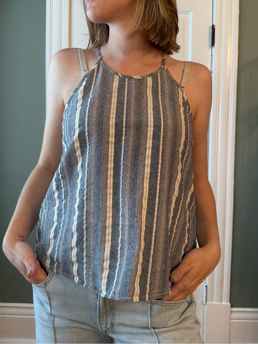 Paper Crane Blue and Cream Striped Halter Cami